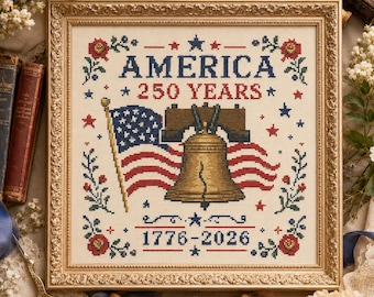 America Liberty Bell Cross Stitch Pattern: USA 250th Flowers Liberty Independence Day PDF Embroidery