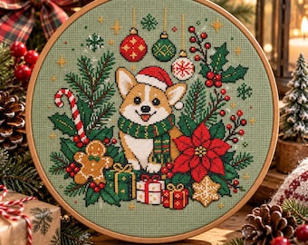 May include: A circular embroidery hoop featuring a cross-stitch design of a Corgi wearing a Santa hat and green scarf, surrounded by Christmas ornaments, a gingerbread man, a poinsettia, holly, gifts, and candy canes on sage green fabric.
