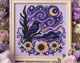 Gothic Raven Cross Stitch Pattern: Moon Stars Night Sunflower Embroidery PDF Patterns