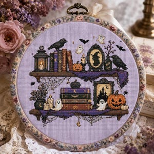 Witchy Shelf Cross Stitch Pattern: Ravens Ghosts Ravens and Halloween Books Embroidery PDF Patterns