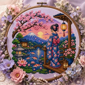 Mount Fuji Cross Stitch Pattern - Japanese Kimono Sakura Garden Embroidery PDF Patterns