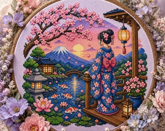 Mount Fuji Cross Stitch Pattern - Japanese Kimono Sakura Garden Embroidery PDF Patterns