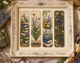 May include: A framed cross-stitch embroidery featuring four vertical panels depicting botanical and literary themes, including stacks of books with flowers, an open book with wildflowers, a teacup on a book, and a bookshelf covered in vines.