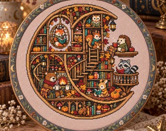 May include: A circular cross-stitch embroidery in a wooden hoop featuring a crescent moon-shaped library filled with books, pumpkins, and autumn leaves. Anthropomorphic animals including a fox, squirrel, hedgehog, bear, raccoon, and rabbit are depicted reading or relaxing in various cozy nooks within the structure.