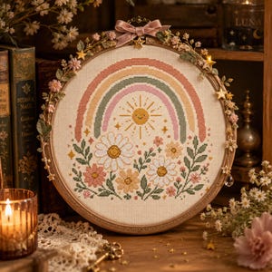 Könnte beinhalten: Ein runder Stickrahmen aus Holz mit einem Kreuzstichmotiv aus einem pastellfarbenen Regenbogen, einer lächelnden Sonne und verschiedenen Blumen, darunter Gänseblümchen. Der Rahmen ist mit einer rosa Schleife, kleinen Kunstblumen und goldenen Sternen verziert.