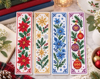 May include: Four rectangular cross-stitch bookmarks featuring holiday designs. The first shows red poinsettias, the second gold snowflakes and greenery, the third blue flowers, and the fourth purple and red ornaments with pine branches and red berries.