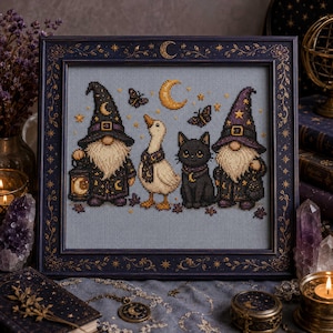 Padrão de Ponto Cruz Gnomo Bruxo Celestial: Padrões de Bordado em PDF de Ganso Celestial, Gato e Borboletas