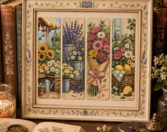May include: A framed cross-stitch embroidery featuring four vertical panels depicting garden scenes. The panels show sunflowers, lavender, a bouquet wrapped in a pink gingham ribbon, and a basket of lemons and flowers, all set within a decorative frame.