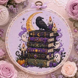 Raven Ghost Book Stack Cross Stitch Pattern: Gothic Moon Candle Halloween Embroidery PDF Patterns
