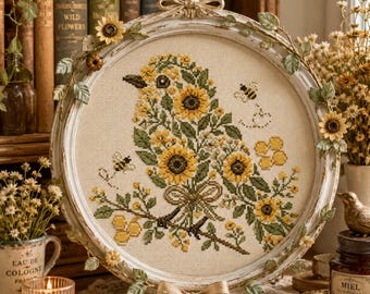 May include: A round, cream-colored cross-stitch embroidery featuring a bird composed of yellow sunflowers and green leaves, accented by two small bees and honeycomb shapes, housed in an ornate, distressed white frame with a decorative ribbon.