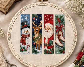 May include: A circular wooden embroidery hoop containing four vertical cross-stitch panels on cream fabric. The designs feature a snowman, a reindeer with a wreath, Santa Claus, and white ice skates with red ribbons, all set against winter themes.