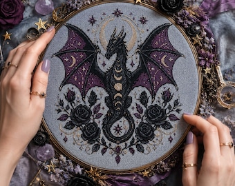 Black Dragon Cross Stitch Pattern: Purple Wings Roses Crescent Moon Gothic Embroidery PDF Patterns