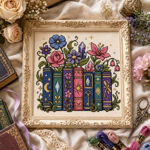 May include: A square cross-stitch embroidery in an ornate cream frame featuring a row of colorful books with gold-stitched symbols like moons, stars, and keys, topped with vibrant blue, pink, and purple flowers and crystals on a cream fabric.