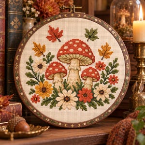 May include: A circular embroidery hoop containing a cross-stitch pattern of three red and white mushrooms surrounded by colorful autumn leaves, yellow, white, and orange flowers, and green foliage, set within a dark wooden frame with gold accents.