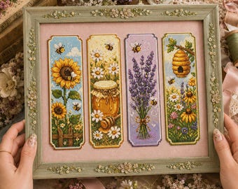 May include: A framed set of four vertical cross-stitch bookmarks on a pink background. The designs feature a sunflower with bees, a honey pot with daisies, a lavender bouquet with a bee, and a beehive hanging from a branch with wildflowers.