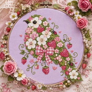 Puede incluir: Un bastidor de bordado circular con un diseño de punto de cruz de un pájaro compuesto por flores rosas y blancas, fresas y un lazo de cuadros sobre tela morada clara. El bastidor está decorado con rosas rosas y flores blancas artificiales.