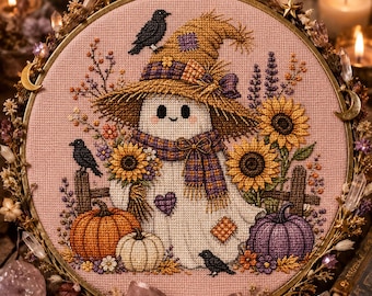 May include: A circular embroidery hoop containing a cross-stitch design of a ghost wearing a straw hat and a plaid scarf, surrounded by sunflowers, pumpkins, and black birds on a light pink fabric background, decorated with crystals and stars.