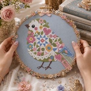 Modèle de point de croix en patchwork d'oiseaux : Art populaire floral, broderie pastel, motifs PDF