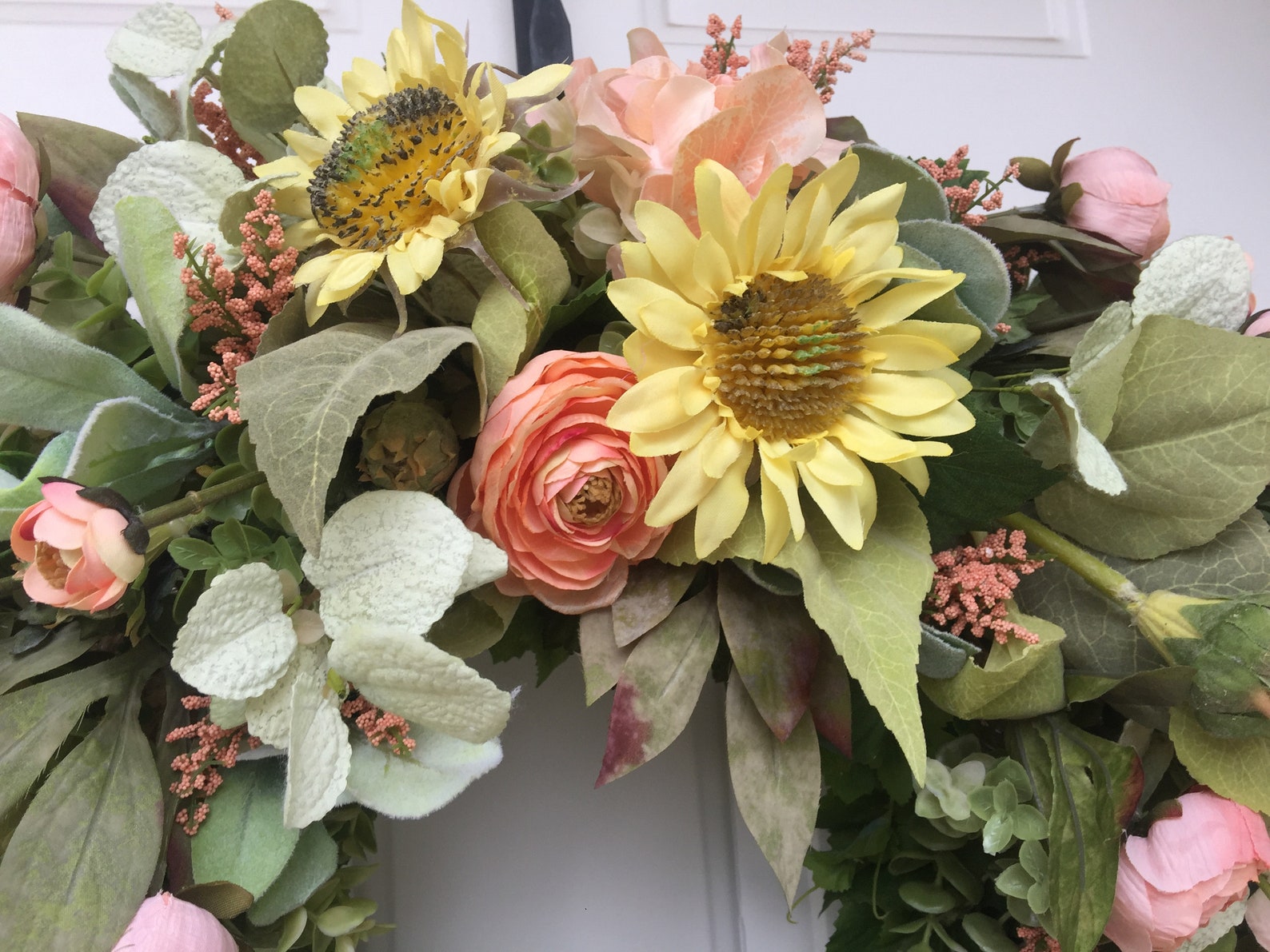 Yellow Sunflowers With Peach Hydrangea and Ranunculus Wreath | Etsy