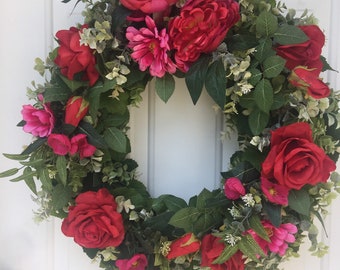 Hot Pink Peony with Red Roses Wreath