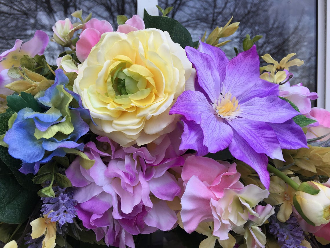 Lavender Clematis with Pink Sweet Peas and Yellow Ranunculus | Etsy