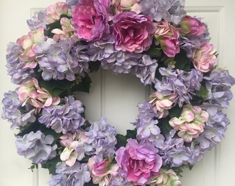 Lilac & Pink Hydrangea with Pink Peonies Wreath