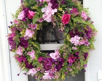 Pink Roses and Purple Hydrangea Wreath