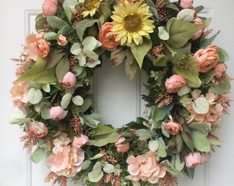 Yellow Sunflowers with Peach Hydrangea and Ranunculus Wreath