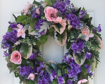 Pink Poppies & Magnolia Blooms with Lilacs Wreath