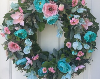 Turquoise Ranunculus & Pink Poppies and Magnolia blooms Wreath