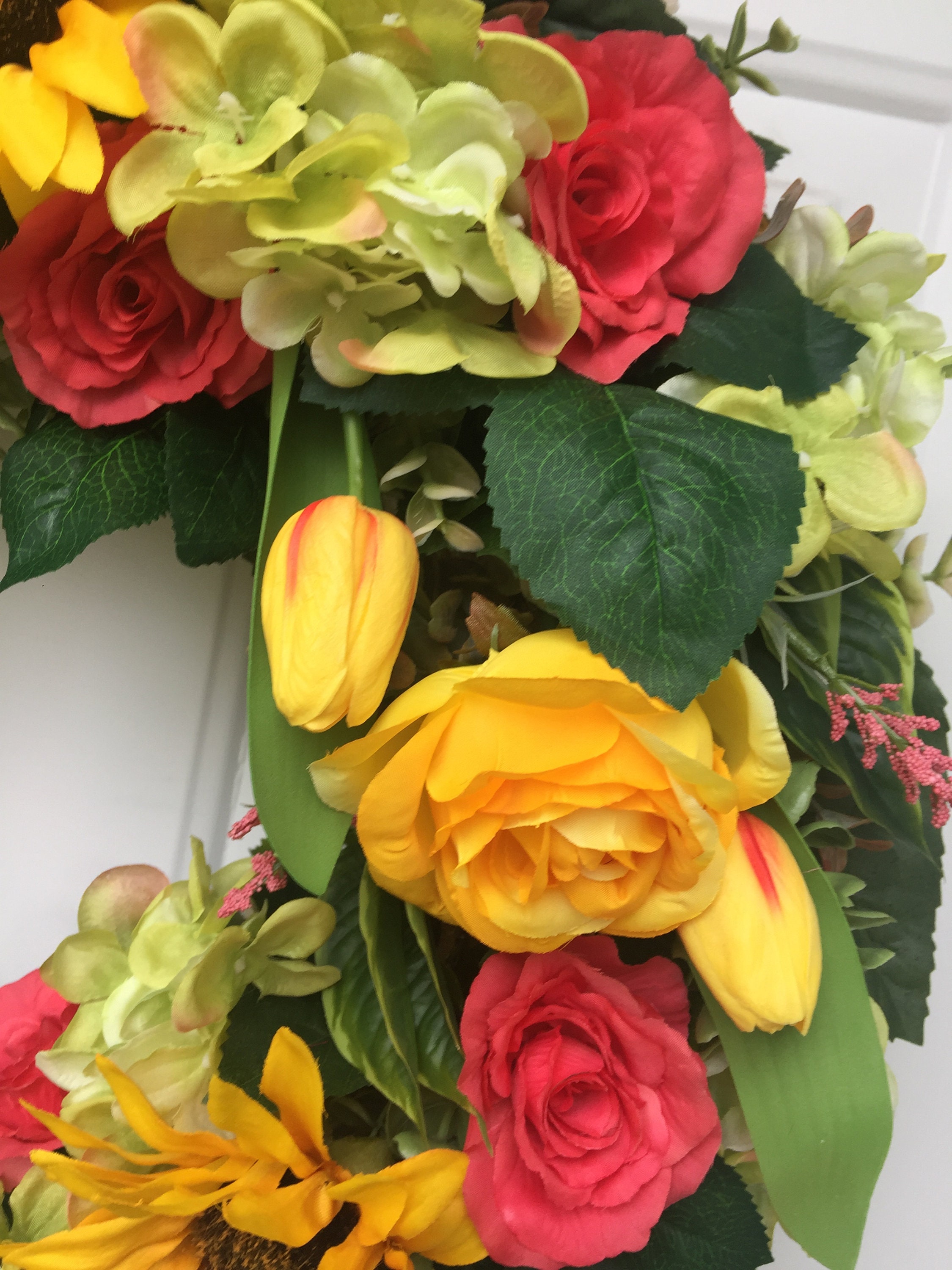Wreaths & Door Hangers Yellow Sunflowers Roses & Tulips with Coral