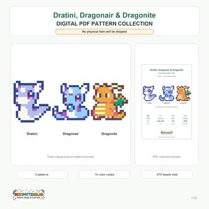 May include: A digital PDF pattern collection featuring pixel-art designs of Dratini, Dragonair, and Dragonite. The image displays three character previews, a document preview, and text indicating 3 patterns, 14 colour codes, and 670 beads total.