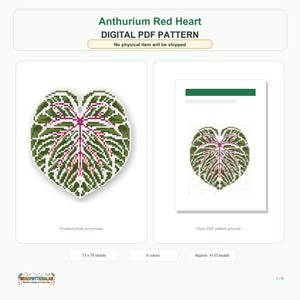 May include: An Anthurium Red Heart digital PDF pattern featuring a pixelated heart-shaped leaf design with green, white, and pink veins. The document includes a finished bead art preview, a grid-based pattern preview, 73 x 78 bead count, and 6 colours.