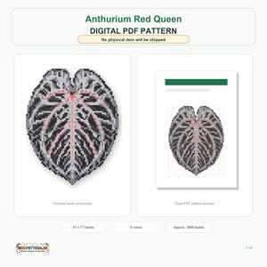 May include: An Anthurium Red Queen digital PDF pattern featuring a pixelated leaf design in shades of grey, black, and pink. The image displays a finished bead art preview, a PDF pattern preview, and specifications of 61 x 77 beads, 8 colours, and 3488 beads.