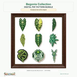 May include: A digital PDF pattern bundle titled Begonia Collection featuring nine pixelated leaf designs in various shades of green, yellow, and white. The patterns are displayed within a dark brown wooden frame on a white background.