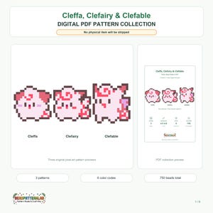 Puede incluir: Una colección de patrones PDF digitales con diseños de pixel art de Cleffa, Clefairy y Clefable. La imagen muestra tres patrones de personajes rosas, una vista previa del documento y el texto "Cleffa, Clefairy & Clefable DIGITAL PDF PATTERN COLLECTION".