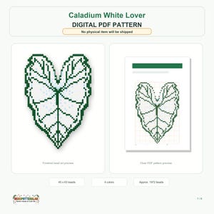 Puede incluir: Un patrón PDF digital titulado Caladium White Lover que presenta un diseño de hoja en forma de corazón pixelado en verde y blanco. La imagen muestra una vista previa del arte en cuentas terminado, un diseño basado en cuadrícula y 45 x 63 cuentas.