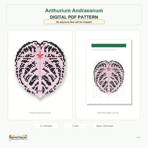 Puede incluir: Un patrón PDF digital para un diseño de arte con cuentas de Anthurium Andraeanum. La imagen muestra una vista previa del arte con cuentas terminado en forma de hoja en rosa, negro y blanco, junto con una vista previa del patrón PDF en una cuadrícula.