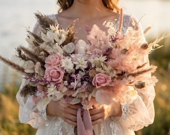 Cream Pink Dried Flowers Boquet, Rustic Pastel Bouquet, Romantic Wedding Wildflowers Bouquet, Bride & Bridesmaid Set