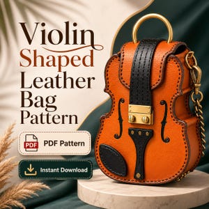 May include: A violin-shaped leather bag with a tan body, black accents, and gold-tone hardware. The text reads Violin Shaped Leather Bag Pattern, PDF Pattern, and Instant Download. The bag features a top handle and a chain strap attachment.