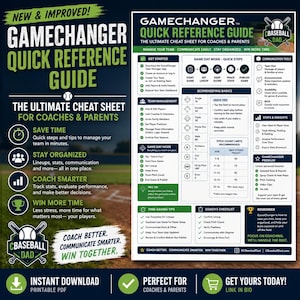 Op de afbeelding: Een GameChanger Quick Reference Guide voor coaches en ouders, met een honkbalveld als achtergrond. Het document bevat secties voor teammanagement, basisprincipes van scoren, pitch count limieten en communicatiemiddelen voor honkbalteams.