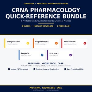 May include: A CRNA pharmacology quick-reference bundle featuring five printable study guides. The text includes CORYBCRNA, Anesthesia Pharmacology Series, and titles for Vasopressors, Sugammadex, Rocuronium, Propofol, and Precedex. The design uses white boxes with colored accents on a dark blue background.