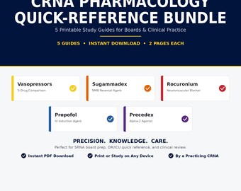 CRNA Pharmacology Quick-Reference Bundle | 5 Anesthesia Drug Guides | Vasopressors, Sugammadex, Rocuronium, Propofol, Precedex |