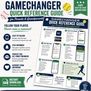 May include: A GameChanger quick reference guide for parents and grandparents featuring step-by-step instructions for downloading the app, creating an account, finding a team, requesting to follow, and turning on notifications with baseball graphics.