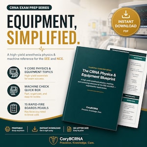 May include: A dark green study guide titled The CRNA Physics & Equipment Blueprint, part of the CRNA Exam Prep Series. The document includes sections on core physics, machine check quick boxes, and 15 rapid-fire boards pearls for anesthesia exam prep.