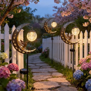 May include: Outdoor solar-powered garden lights. The lights feature a crescent moon design with a hummingbird silhouette and a hanging globe light. The lights are placed along a stone pathway, next to a white picket fence, and surrounded by flowers.