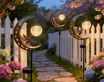 Wunderliche Mondform-Solarlampe mit Kolibri-Silhouette, Außenhofdekoration Gartenwegdekor Perfekt für die Landschaftsgestaltung