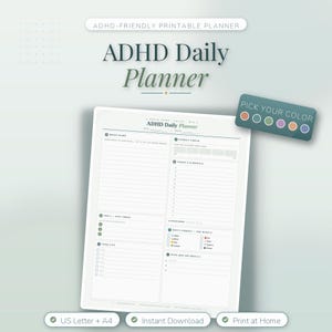 Może przedstawiać: Strona planera dziennego ADHD do druku z sekcjami na notatki, kontrolę energii, harmonogram, listę zadań i codzienne sukcesy. Dokument zawiera tekst ADHD Daily Planner oraz pole wyboru z pięcioma kolorowymi kółkami do wyboru koloru.