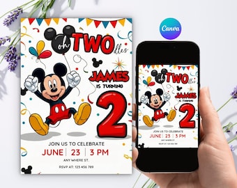 Editable Mickey Mouse Oh Twodles Birthday Invitation, Bright Carnival Birthday Invite, Canva 5x7 Template