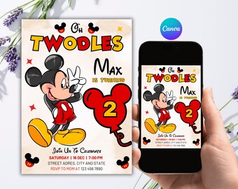 Editable Oh Twodles Birthday Invitation, Mickey Mouse 2nd Birthday Canva Invite
